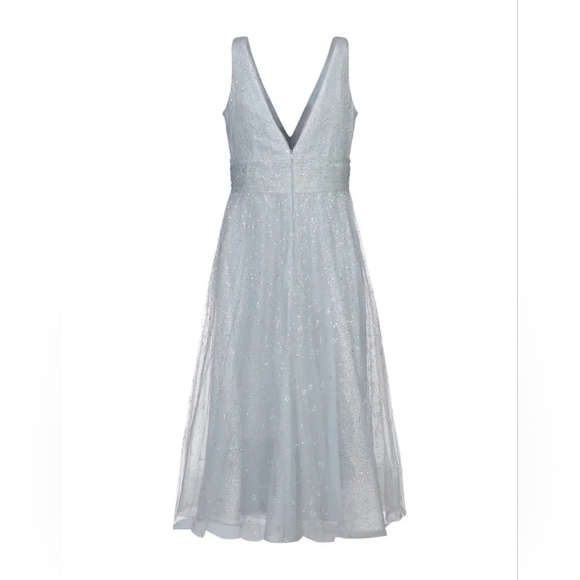 NWT MARCHESA NOTTE Glitter Tulle V-Neck Empire Waist A-Line Dress 8 Silver - Picture 9 of 12